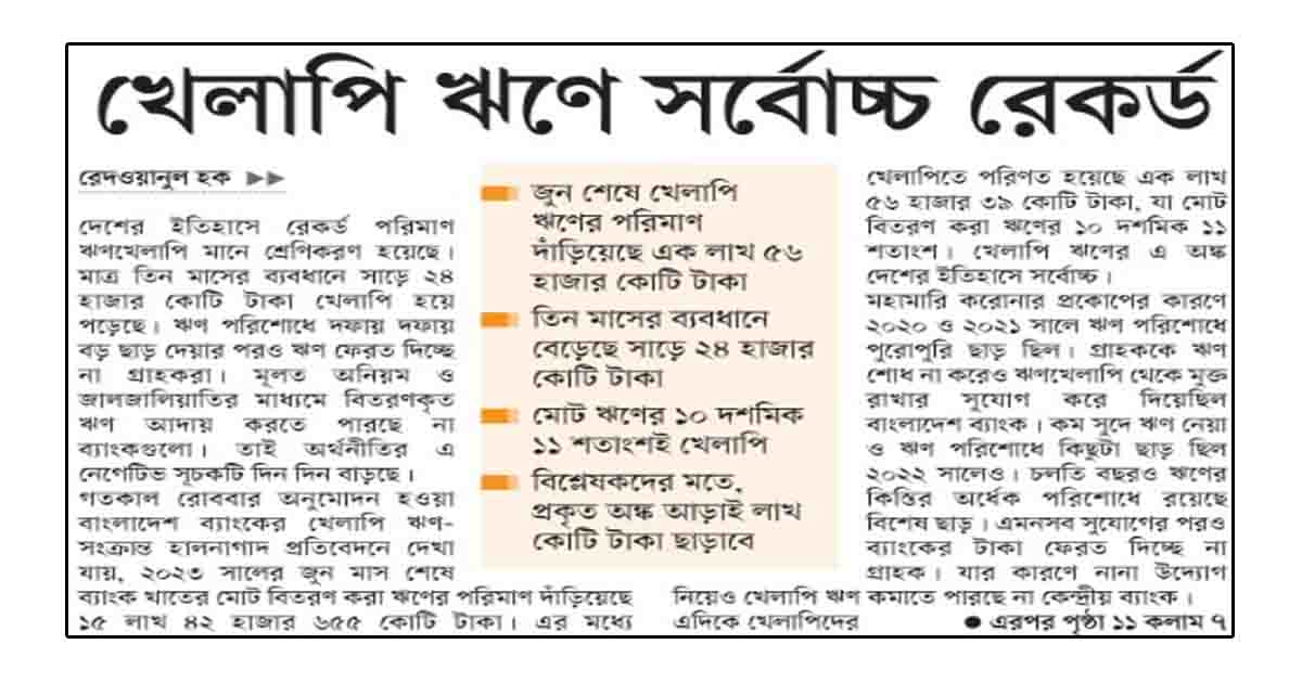 খেলাপি ঋণে সর্বোচ্চ রেকর্ড