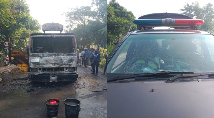 শরীয়তপুরে পদ্মা সেতুর দক্ষিণ টোল প্লাজায় অগ্নিসংযোগ, পুলিশ গাড়িতে ককটেল হামলা