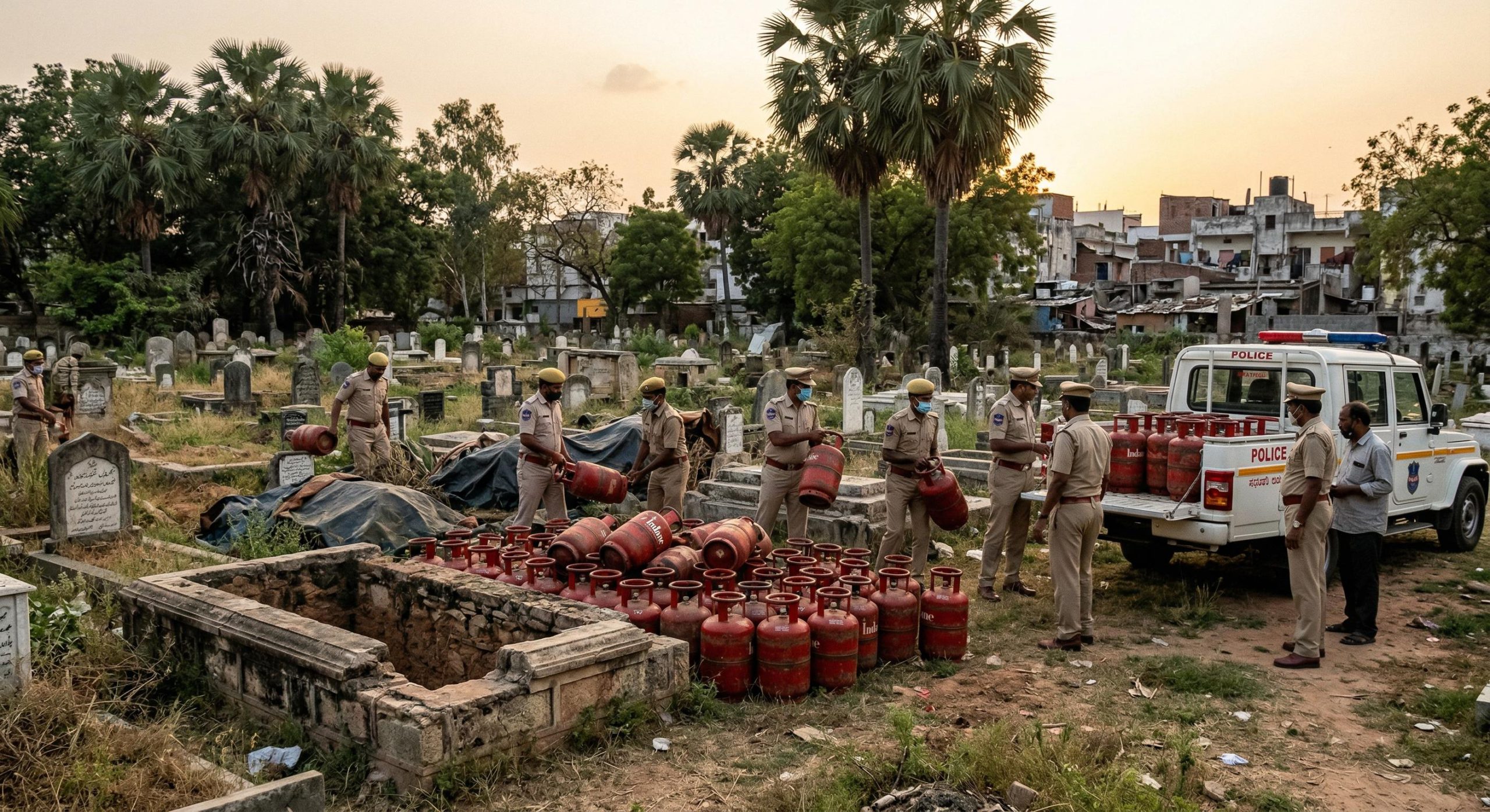 হায়দরাবাদে কবরস্থানে লুকানো ৪১৪টি গ্যাস সিলিন্ডার জব্দ, ১০ জন আটক