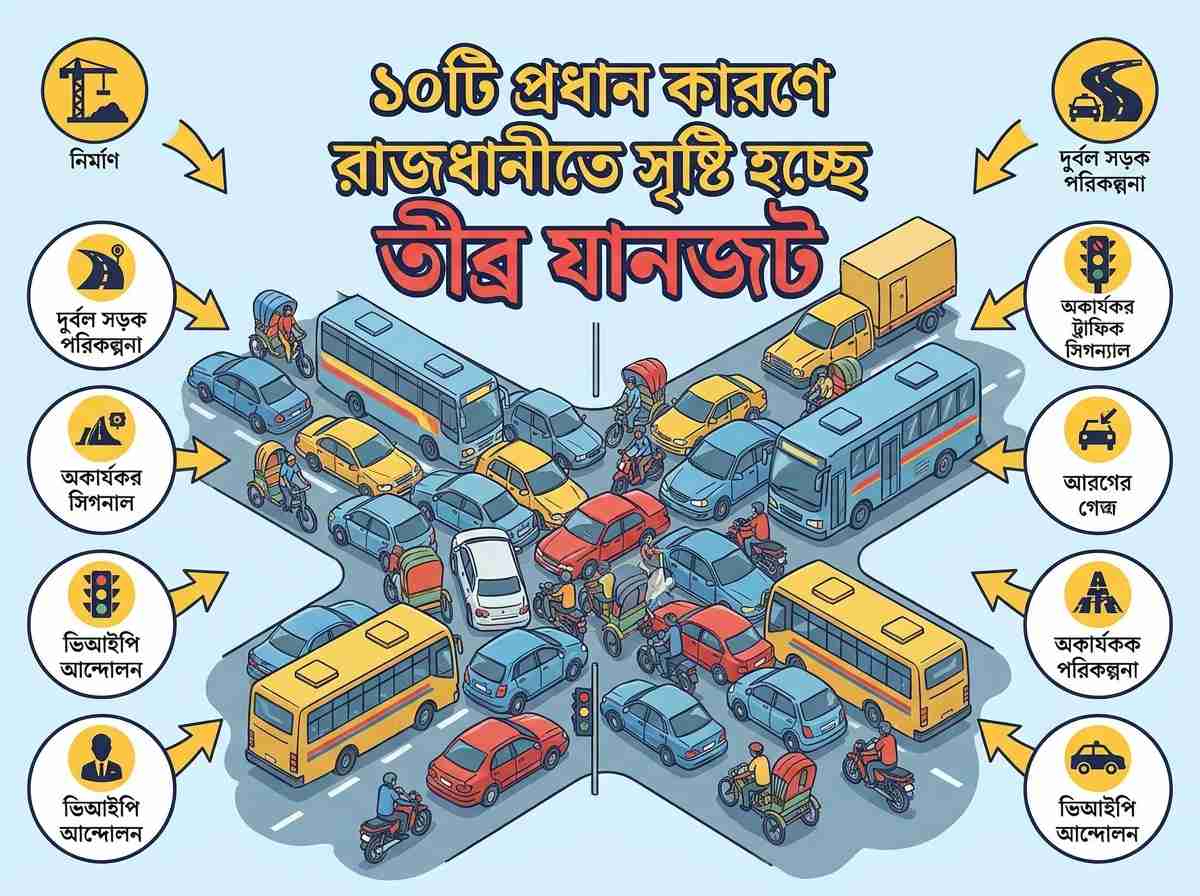 ১০টি প্রধান কারণে রাজধানীতে সৃষ্টি হচ্ছে তীব্র যানজট